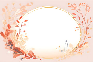 a round frame with flowers and leaves on a pink background. Abstract Salmon color foliage background with negative space for copy.