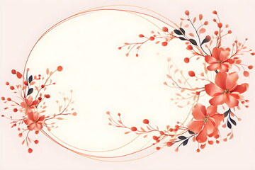 a circular frame with red flowers and leaves. Abstract Salmon color foliage background with negative space for copy.