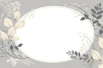 a white circle surrounded by leaves and flowers. Abstract Gray foliage background with negative space for copy.