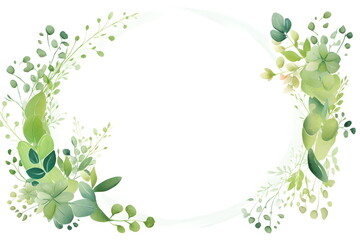 a circular frame with green leaves and flowers. Abstract Lime color foliage background with negative space for copy.