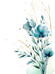 a painting of blue flowers on a white background. Abstract Turquoise foliage background with negative space for copy.
