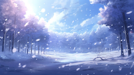 a wonderful forest scenery in winter, anime wallpaper