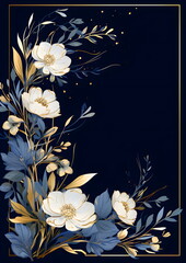 a blue and white floral arrangement with a gold frame. Abstract Navy color foliage background with negative space for copy.