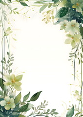 a floral frame with white flowers and green leaves. Abstract Jade color foliage background with negative space for copy.