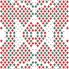 Pine fir trees seamless pattern. Red and green primitive conifer trees. Geometric shapes.