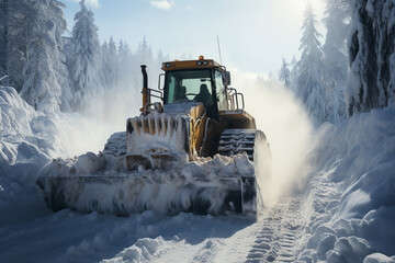 snow blankets urban scene, a diligent tractor, along with an array of vehicles, employs specialized equipment