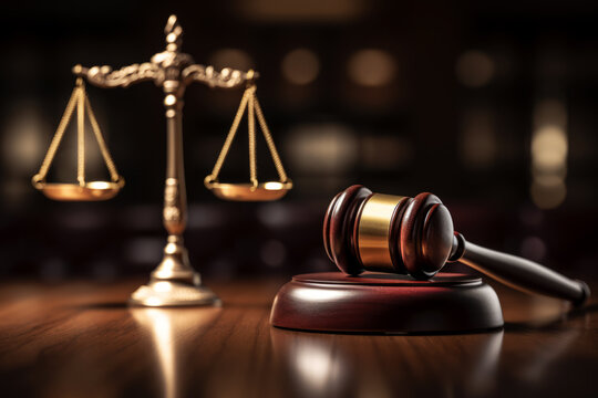 Juzgado, mazo y balanza de justicia en el estrado visto de cerca.