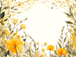 a painting of yellow flowers and green leaves. Abstract Yellow foliage background with negative space for copy.