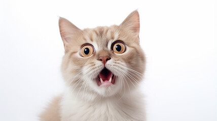 a frightened cat, an emotional portrait of fear isolated on a white background, a cat with big eyes is afraid