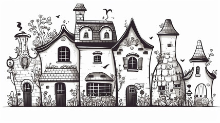 Obraz premium doodle black and white illustration outline of small houses for children's coloring, empty silhouettes of fictional abstract fairy-tale small houses