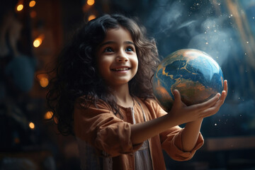Naklejka premium cute little girl child holding earth globe in hand