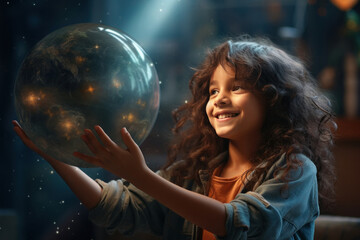 Naklejka premium cute little girl child holding earth globe in hand