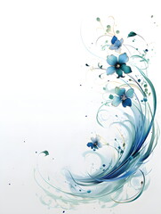 a white background with blue flowers and swirls. Abstract Cerulean color foliage background with negative space for copy.