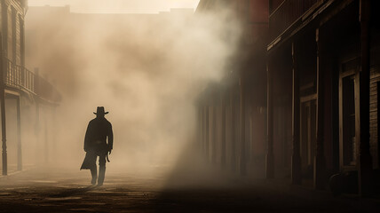 cowboy view from the back, wild west, retro landscape in the town historical reconstruction fictional graphics