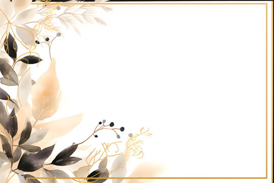 a picture of a white background with a gold frame. Abstract Black foliage background with negative space for copy.
