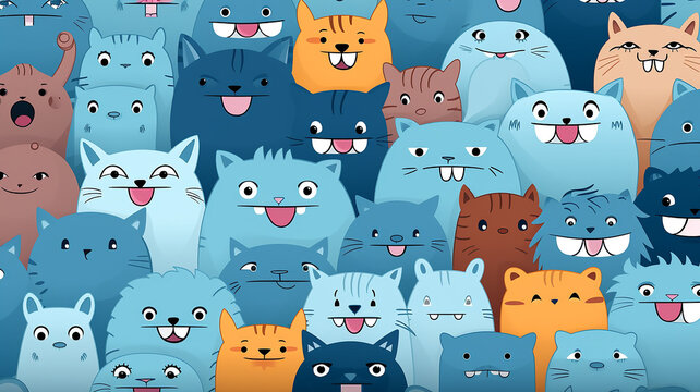 illustration group cartoon cute creatures similar to cats texture background many heads, fictional abstract creatures computer graphics