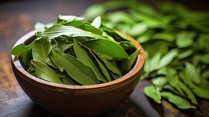 Earthy curry leaves infuse dishes with an authentic and aromatic flavor. South Indian culinary tradition, aromatic essence, authentic flavor, regional cuisine. Generated by AI - obrazy, fototapety, plakaty