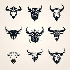 Set of buffalo head icons. Vector illustration in a flat style.
