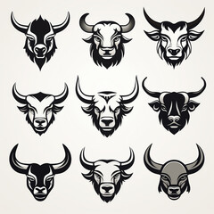 Set of buffalo head icons. Vector illustration in a flat style.