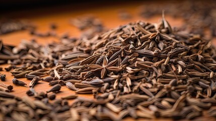 Fragrant caraway seeds are celebrated for their unique blend of earthy warmth. Culinary celebration, flavor richness, aromatic depth, versatile spice. Generated by AI - obrazy, fototapety, plakaty
