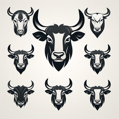 Set of buffalo head icons. Vector illustration in a flat style.