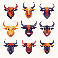 Set of buffalo head icons. Vector illustration in a flat style.