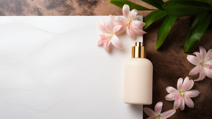 Blooms of Elegance: White Blank Beauty Pump Bottles of Cream and Blank Perfume Scent Bottle Lying on an Elegant White Wall Background, Surrounded by Pink Flowers and Green Leaves 