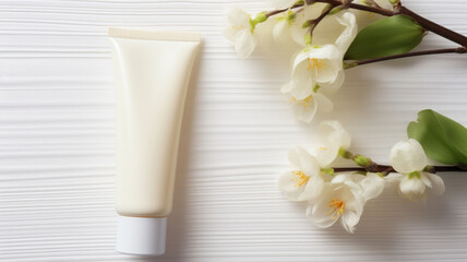 Obraz na płótnie Canvas Timeless Elegance: Top View of White Blank Beauty Tube of Cream on an Elegant White Wall Background Surrounded by White Flowers