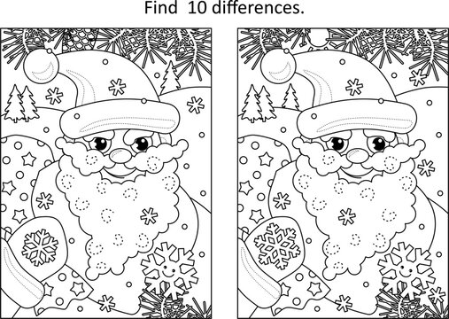 Difference game with Santa delivering presents in his sack full of toys and gifts
