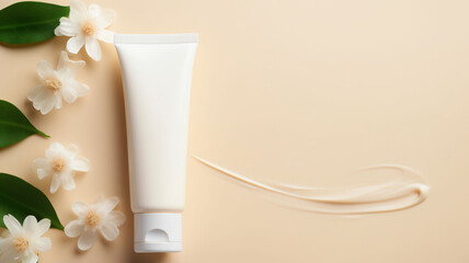 Timeless Beauty: Top View of White Blank Beauty Tube of Cream on Elegant Skin Wall Background Surrounded by White Flowers
