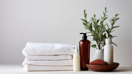 Tranquil Reflections: White Mirror Blank Beauty Pump Bottles of Cream and Blank Perfume Scent Bottle Lying on an Elegant White Wall Background, Surrounded by Green Leaves and a Stack of Towels 