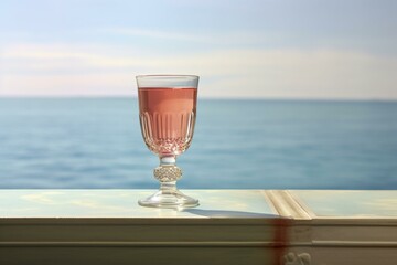 a tall glass with a beverage on a table near the sea. Generative AI