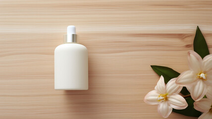 Fototapeta na wymiar Natural Harmony: White Blank Beauty Pump Bottle of Cream and Blank Perfume Scent Bottle Laying on an Elegant Wooden Background, Surrounded by Green Leaves and White Flowers 