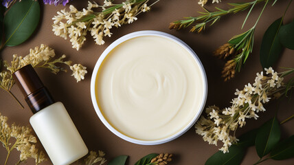 Obraz na płótnie Canvas Elegance in Nature: Top View of White Blank Beauty Jar of Cream Resting on a Wooden Background, Adorned with White Flowers and Green Leaves 