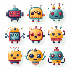 Set of cute robots with different emotions. Vector illustration in cartoon style.