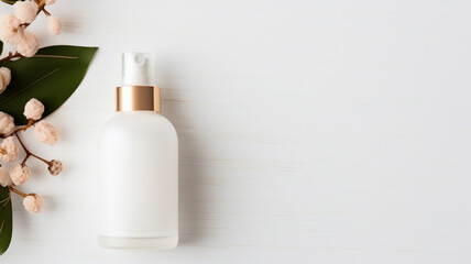 Serenity in Simplicity: White Blank Beauty Pump Bottle of Cream and Blank Perfume Scent Bottle Laying on a White Wall Background, Surrounded by Green Leaves and White Flowers 