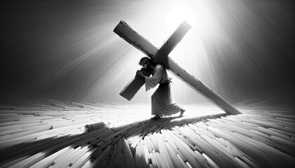 The Journey of Redemption Carrying the Cross: Jesus Christ's Passion in Black and White.  - obrazy, fototapety, plakaty