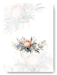 Wedding card template with floral feather peach calendula floral concept watercolor style. Rustic wedding card.