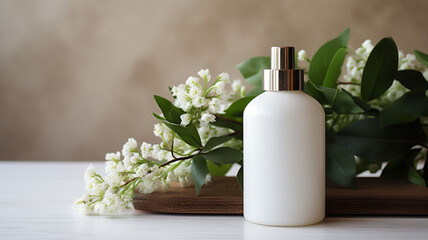 Obraz na płótnie Canvas Graceful Elegance: White Blank Beauty Pump Bottle of Cream and Blank Perfume Scent Bottle Standing on an Elegant Blurred Background, Surrounded by Green Leaves and White Flowers