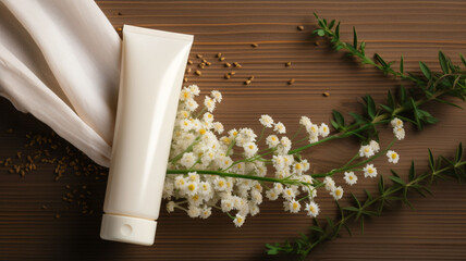 Natural Bliss: White Blank Beauty Tube of Cream Resting on an Elegant Wooden Background, Enveloped by White Flowers and Green Leaves