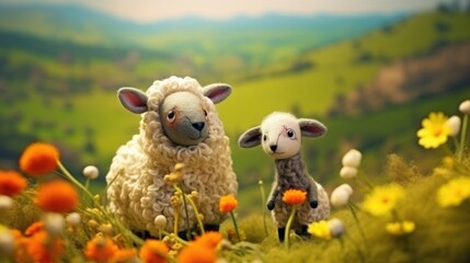 Super duper cute sheep and baby lamb toy in a spring  season flower meadow on a green grass hill, made from fluffy and cuddly wool felt, wholesome pastoral cartoon cuteness.