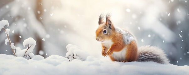 Banner with cute red squirrel (Sciurus vulgaris) sitting in a snow and looking for food on winter forest blurred background. Banner with beautiful animal in the nature habitat. Wildlife scene