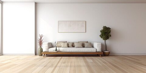 Modern minimal scandinavian style living room with white wall and wooden floor, and wooden long sofa and minimal wooden coffee table, interior plant and empty large picture frame.