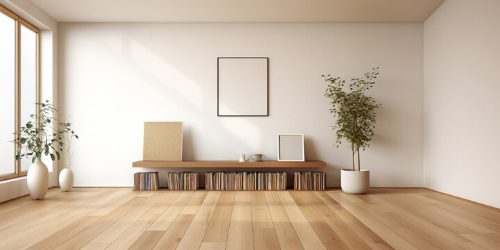 Modern interior design of apartment, empty living room with white wall and wooden floor. Wooden long and low shelf filled with vinyl record, book, some interior plant and various size of picture frame