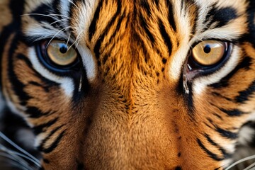 Tiger closeup portrait, safari shot. Bengal tiger, Siberian tiger (Panthera tigris altaica). Wild cat. Wildlife nature concept  