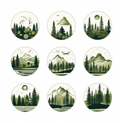 Set of icons with forest and mountains. Vector Illustration.