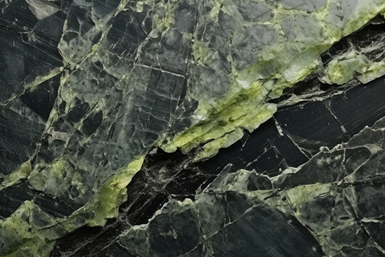 A mesmerizing close-up of serpentinite, a unique rock with intricate patterns and vibrant hues, showcasing its glistening and lustrous texture in a captivating macro photo.