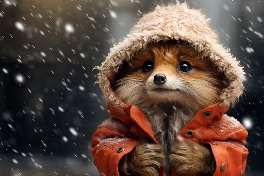 Cute Fox Cartoon Character Wearing Warm Winter Costume. Little Red Fox In Orange Jacket On Blurred Background With Falling Snow And Bokeh Lights