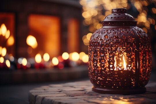 Ornate lantern in the evening standing outdoors with a blurred fireplace and candles, Christmas atmosphere