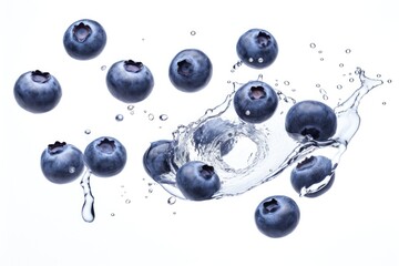 Sweet, blueberries bobbing in clear water. Macro photography of delicious, blue berries. Healthy and refreshing summer treat. - obrazy, fototapety, plakaty